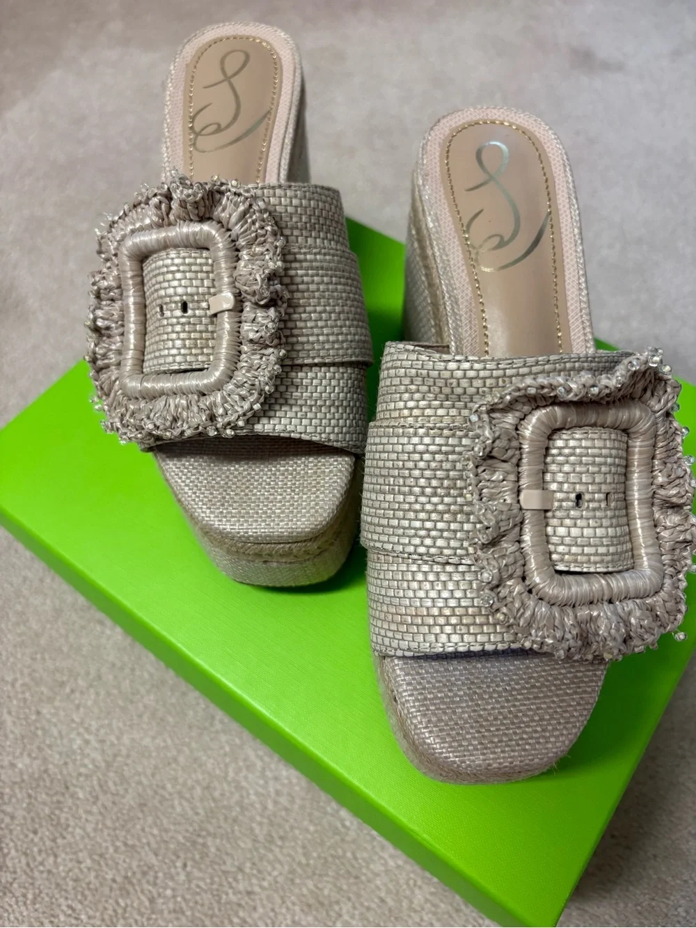 Sam Edelman Beige Woven Platform Slide Sandals with Fringed Buckle